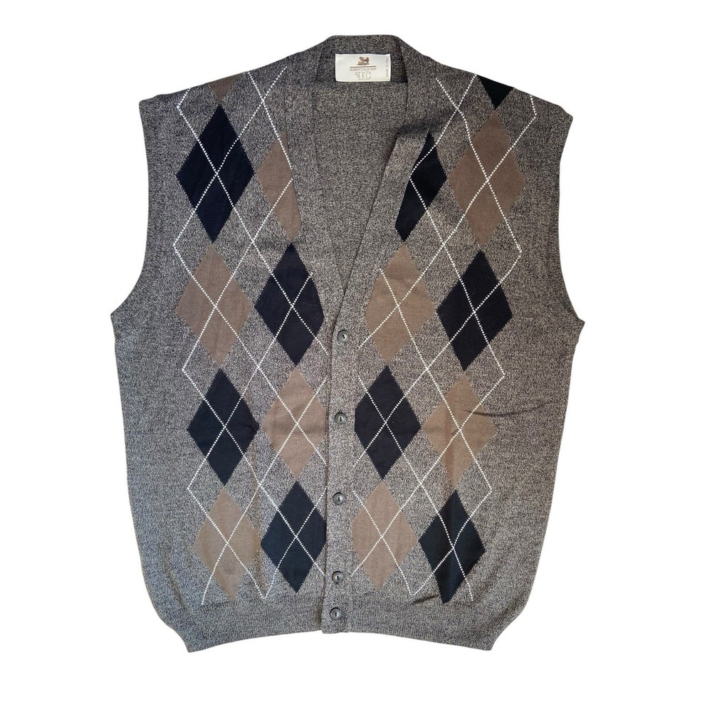 Vintage Italian Wool Blend Button Front Argyle Sweater Vest Brown Grunge Grandpa